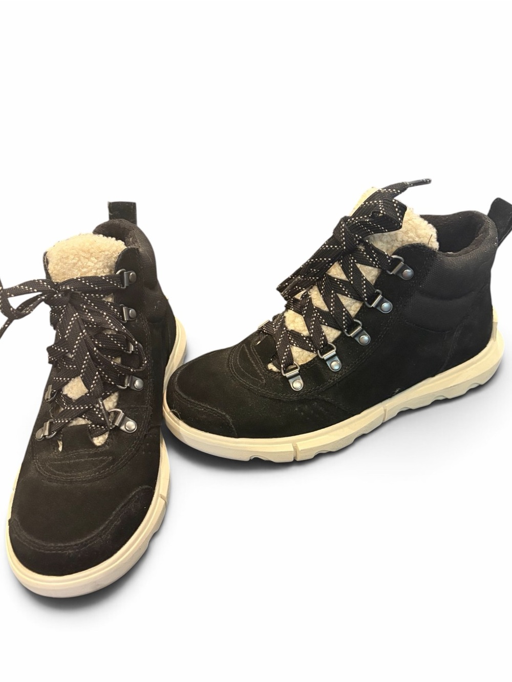 Sorel Women's Black Suede Lace-Up Boots with Cream Shearling Trim Size 8 NEW
